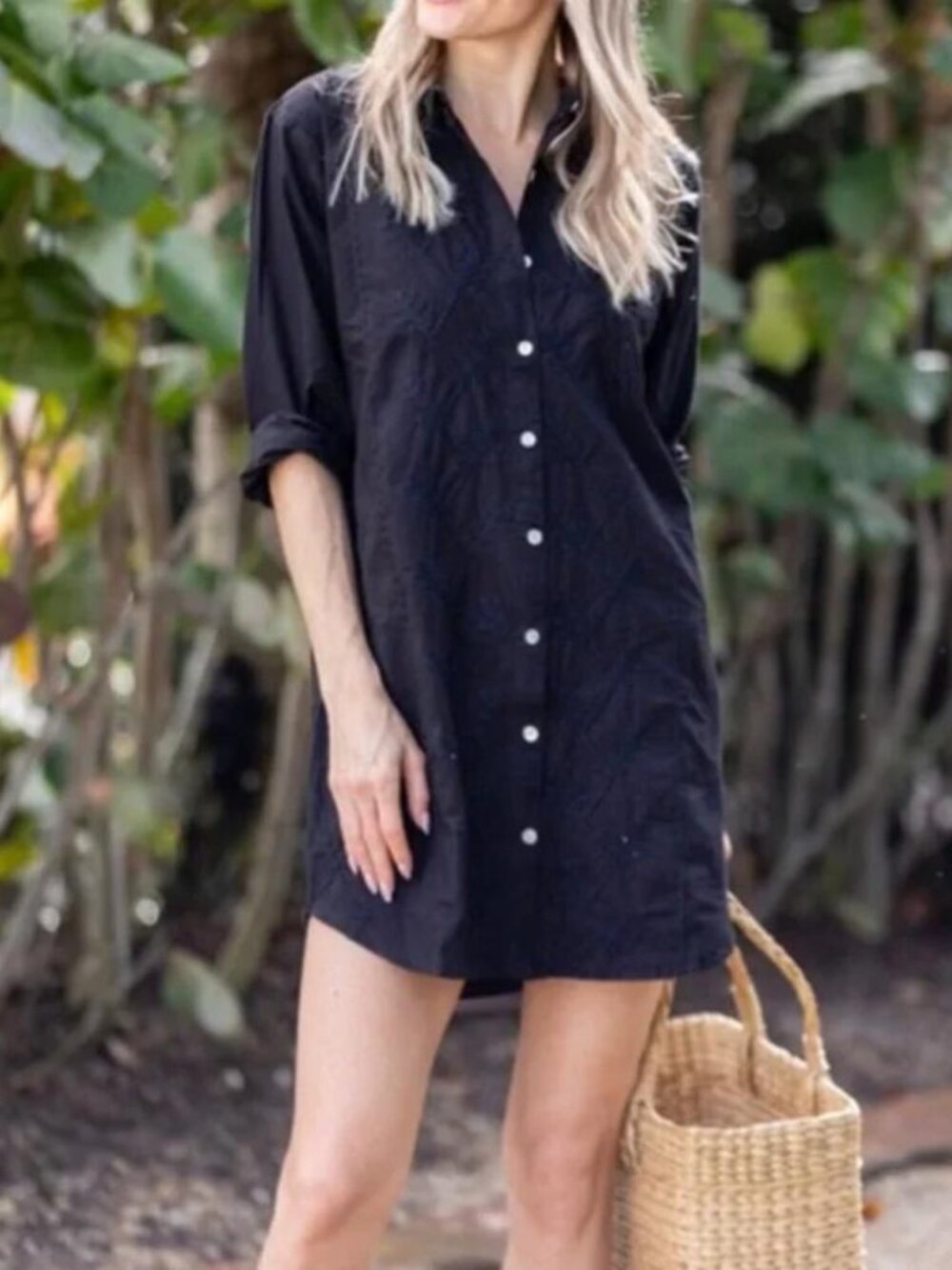 Julia Amory Black Embroidered Swizzle tunic mini dress cotton button up beach L